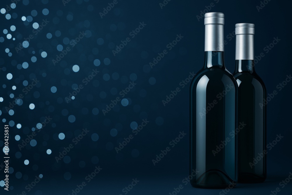 Aufkleber two elegant wine bottles on dark blue background with bokeh lights and copyspace for branding or pro
