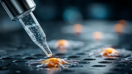 Advanced scientific laboratory setting with technological equipment, petri dish containing orange biological samples,