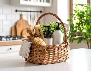 Eco-friendly cleaning supplies in a rustic wicker basket on a bright kitchen countertop