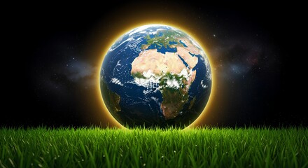 This image depicts a glowing Earth resting on lush green grass against a starry night sky.