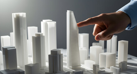 White Architectural Model Featuring High Rise Buildings with Man's Hand Pointing on Gray Backdrop