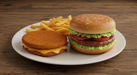 Juicy Burger, Crispy Chicken, and Golden Fries: A Delicious Still Life