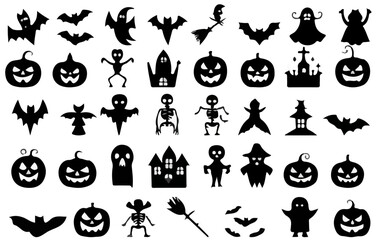 set of Halloween items, pumpkin, ghost, silhouette