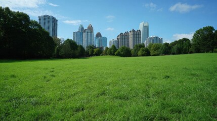 Wide shot emphasizing the contrast between a quiet, expansive green park grassland in the...
