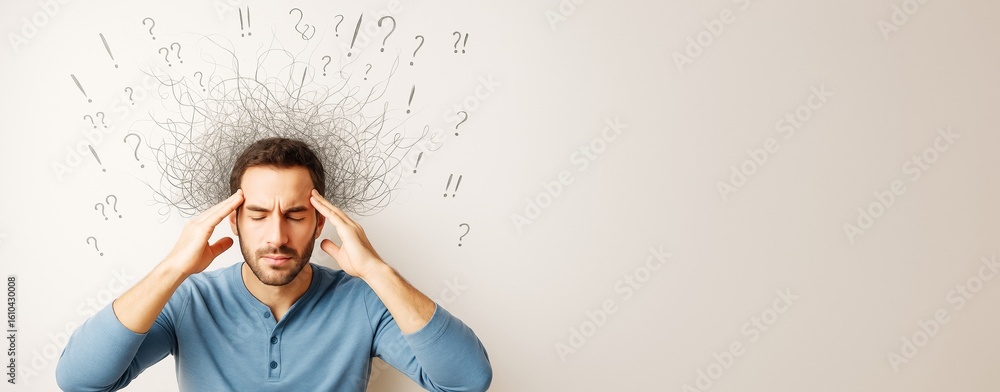 Aufkleber stressed man holding head with chaotic lines and question marks, symbolizing confusion and mental ov