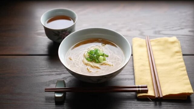 A small meal laid out on a table with a folded napkin and chopsticks resting untouched. The tea grows cold.
