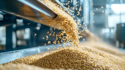 Grains flowing from conveyor belt in food processing plant.