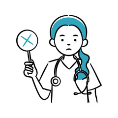 Simple illustration of a young female medical professional holding an incorrect tag.