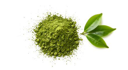 Matcha Powder and Green Tea Leaves on White Background