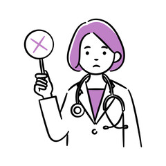 Simple illustration of a young female medical professional holding the incorrect tag.