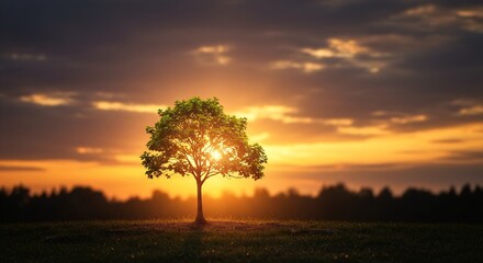 Fototapeta premium A lone tree stands silhouetted against a vibrant sunset, its branches reaching towards the golden light, creating a serene and idyllic scene