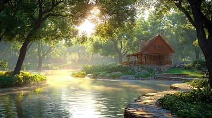 Fototapeta premium Tranquil cabin scene near lake in sunlight