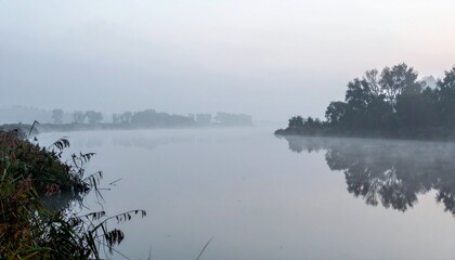 Serene Morning Mist Over a Calm River – Minimalist and Scenic Nature Landscape Capturing the Quiet Beauty of Foggy Water Reflections and Stillness
