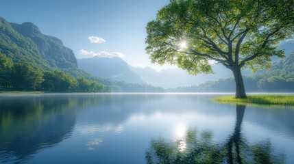 Obraz premium Tranquil lakeside scene with tree and mountains