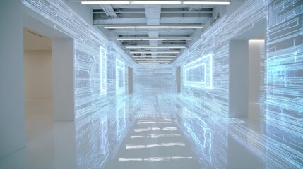 Futuristic hallway with digital overlay