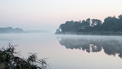 Peaceful Foggy River at Dawn with Minimalist Landscape and Calm Atmosphere – Scenic Nature View Ideal for Meditative and Zen-Themed Visuals