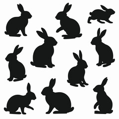 Fototapeta premium Black rabbit silhouettes in various poses bunny white