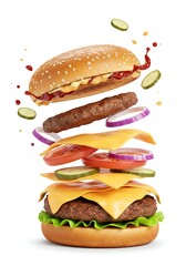 Floating Burger with Fresh Ingredients on White Background