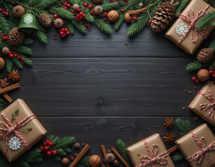 Festive winter holiday frame with wrapped gifts and natural seasonal decor