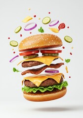 Floating Delicious Burger with Meat, Cheese, and Veggies on White Background