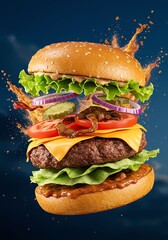 Floating Cheeseburger with Toppings and Sesame Bun on Dark Blue Background