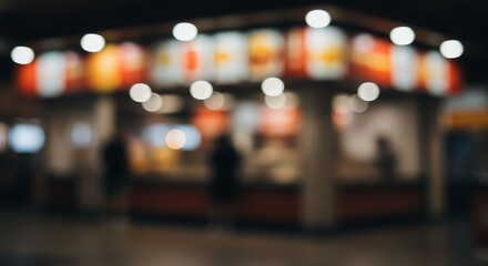 Defocused Fast Food Kiosk with Lights and Shadowy People