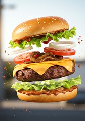 Delicious Exploded Burger with Flying Ingredients on Light Background