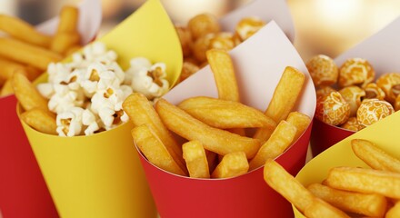 Golden French Fries and Popcorn in Colorful Paper Cones