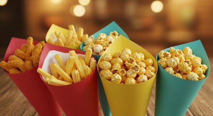 Colorful Cones Holding Popcorn and Fries on Wooden Table