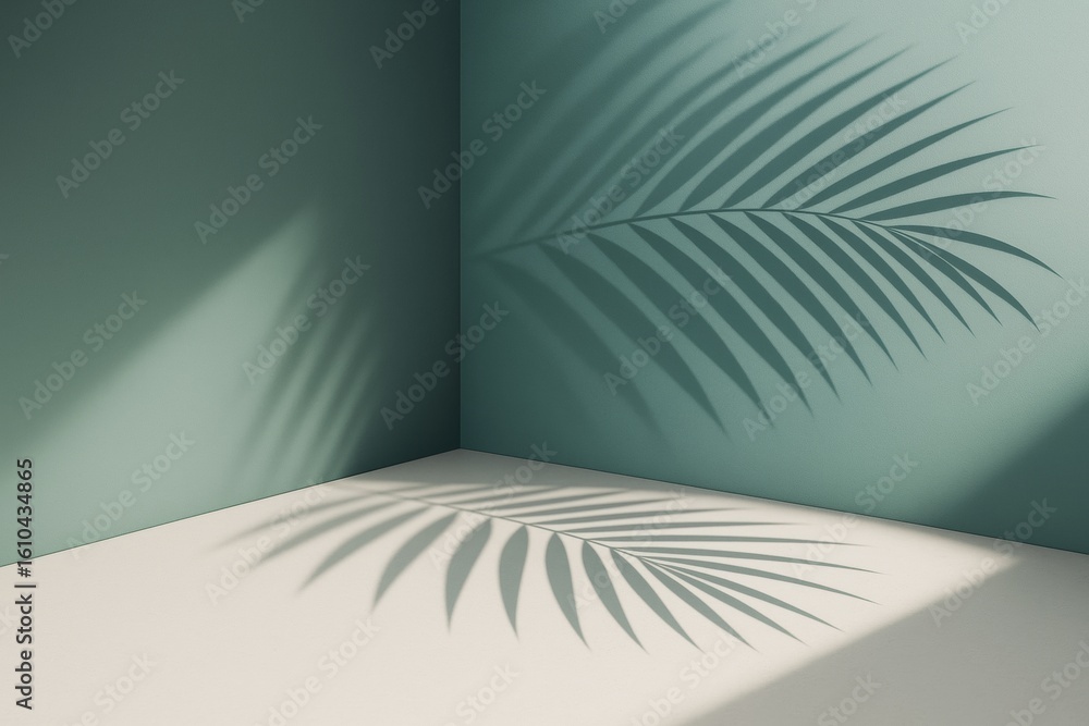 Aufkleber palm leaf shadow on minimalist green wall and floor in soft sunlight, creating calm abstract backgro
