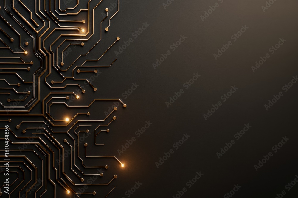 Poster futuristic dark background with glowing golden circuit board lines forming abstract tech pattern on 