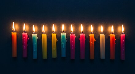 This image shows ten lit candles of various colors arranged in a row on a dark surface.
