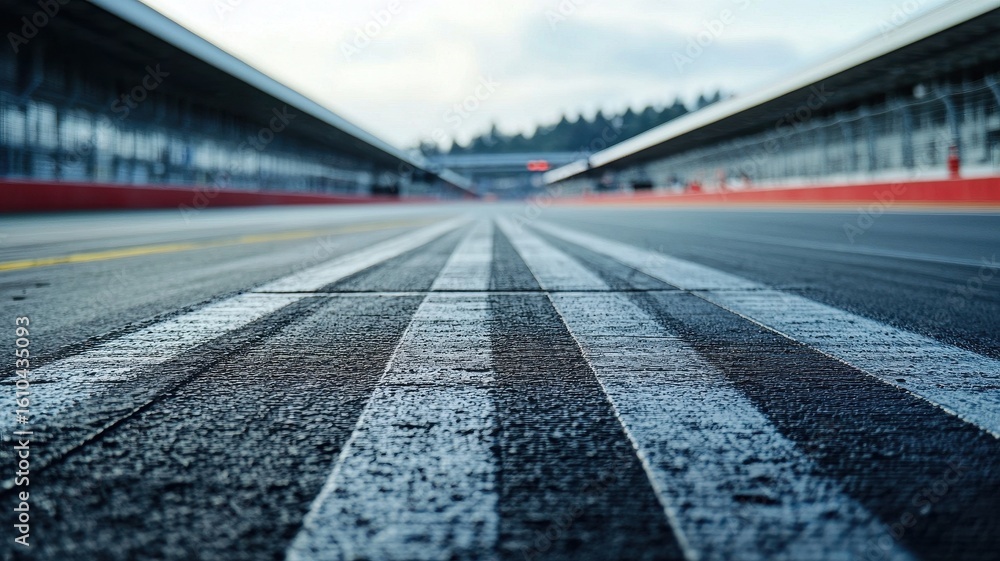 Wall mural a close-up shot of an empty f1 track showcasing grid lines and a dramatic perspective. the tranquil 