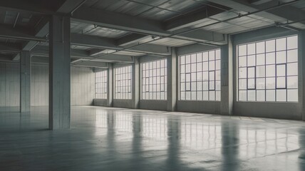 Spacious industrial loft interior with bright windows and concrete floor