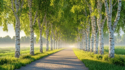Trees lining a pathway through a field
