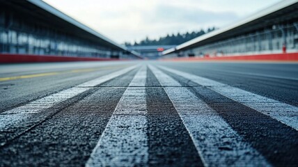A close-up shot of an empty F1 track showcasing grid lines and a dramatic perspective. The tranquil scene captures the essence of motorsport racing.