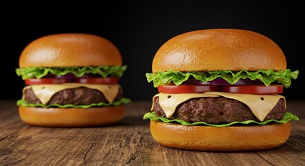 Juicy Cheeseburgers with Lettuce Tomato and Cheese on Soft Buns in Close Up