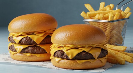 Two Cheeseburgers with French Fries on White Paper in Silver Basket