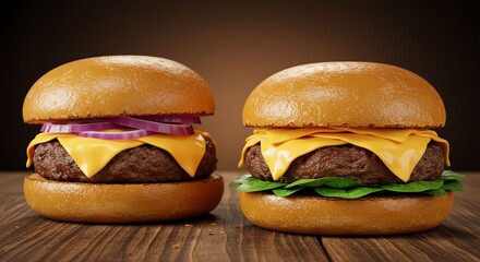 Two Classic Cheeseburgers with Lettuce Tomato Onion and Cheddar on Soft Buns