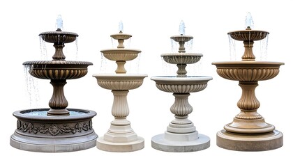 Four tiered fountains, varying in color and material, on white background