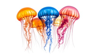 Four vibrantly colored jellyfish float against a stark white background, their translucent bells and trailing tentacles creating a visually striking contrast
