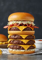 Stacked Double Cheeseburger with Bacon Lettuce Tomato and Cheese in Soft Bun