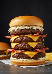 Stacked Double Cheeseburger with Bacon and Lettuce on Soft Bun