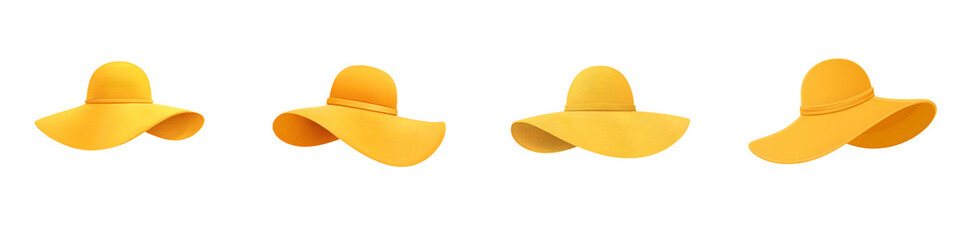 Yellow Floppy Sun Hats on White Background - Summer Fashion Accessory