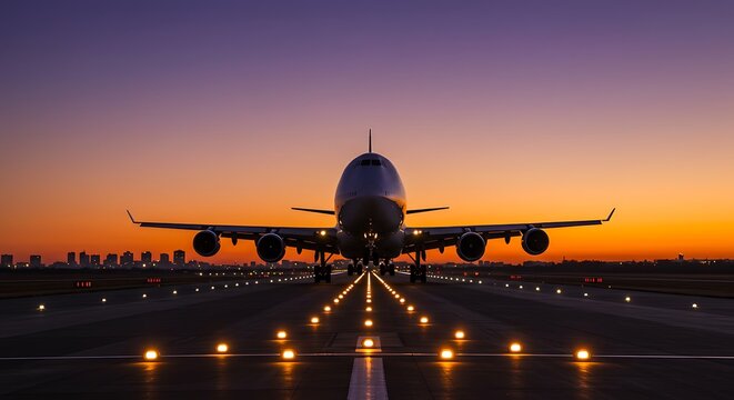 Airplane Taking Off at Sunset with Cityscape Silhouette Aviation Industry and Modern Transportation Technology for Global Travel and Business