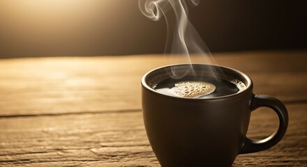 Steaming cup of hot black coffee on rustic wooden table perfect for breakfast or an afternoon pick me up