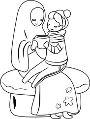 happy mother's day Illustration mom and kids coloring page