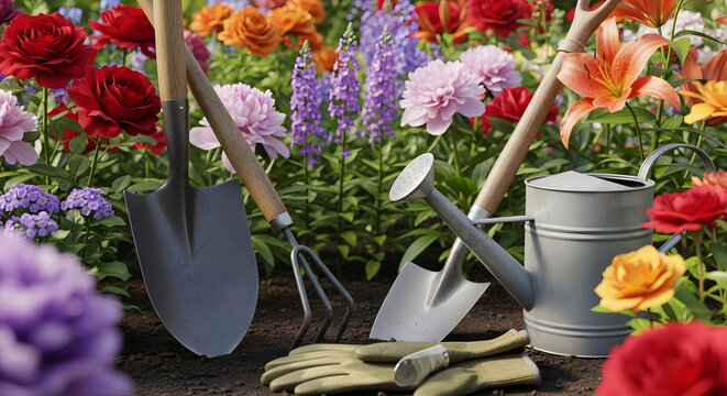 Gardening Tools and Flowers in Bloom