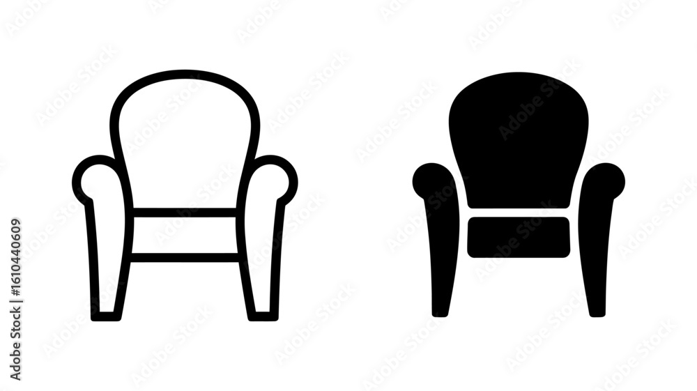 Poster armchair icons: outline and solid black vector graphics for web and app design.