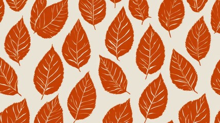 Obraz premium Silhouette pattern of autumn leaves in burnt orange, negative space arrangement, warm white backdrop for nature-inspired backgrounds.